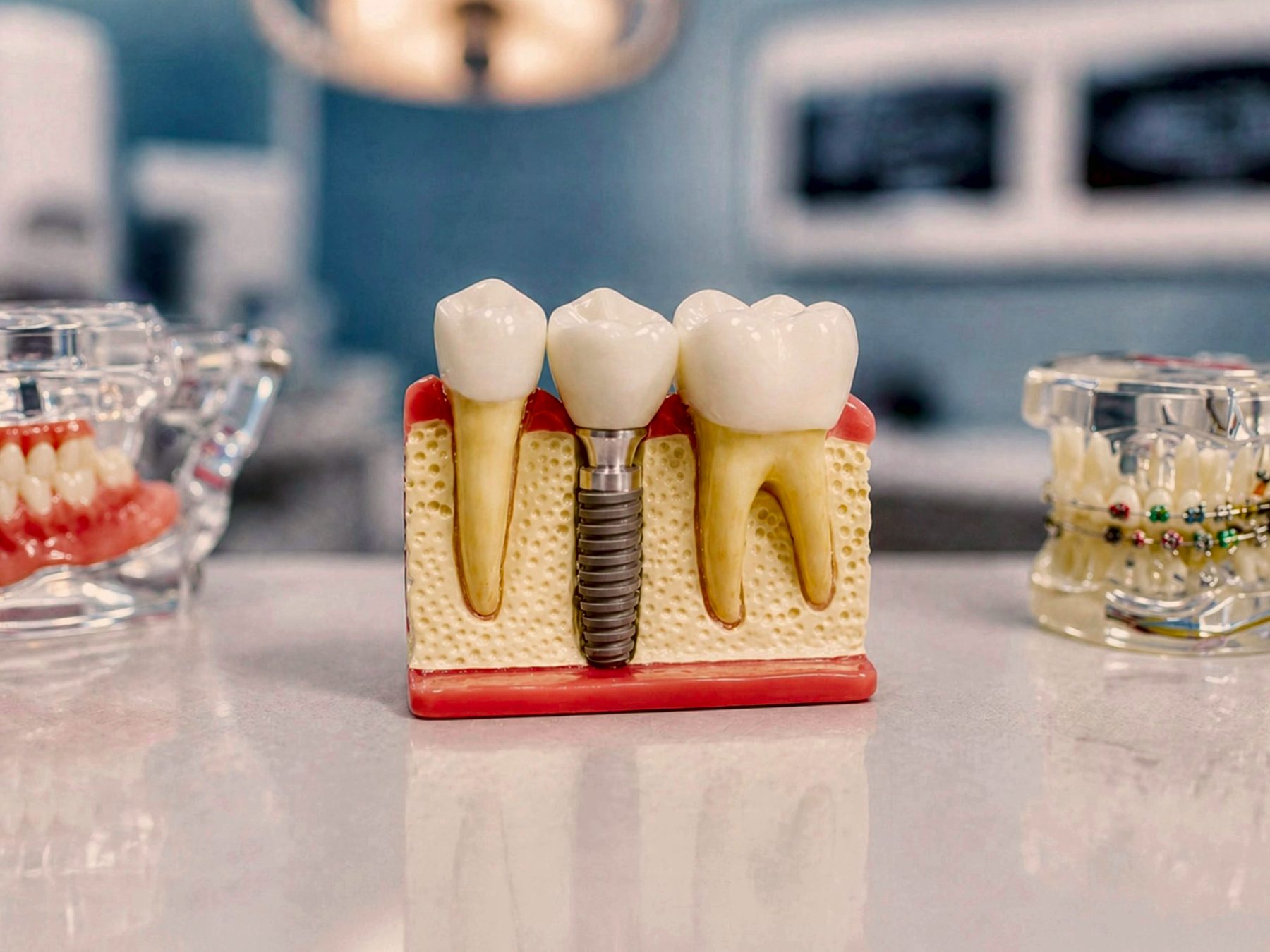 Çene kemiğine yerleştirilmiş implant ve kron modeli